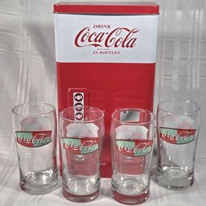 Coca Cola Red and Green Logo Glass Tumbler Set with Red Tin